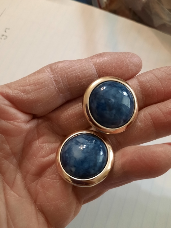 Jewelry - Gold-Tone Blue Stone Button Earrings Vintage 80's